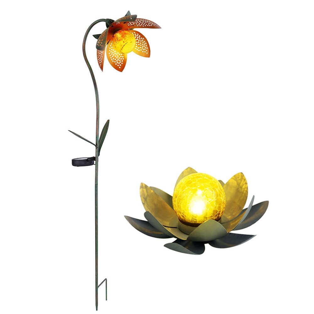 GLOBO Solardeko LED Lotusblüte Erdspieß Gartenlampe Außenleuchte Solarlampe Blume Lotosblüte, Metall mehrfarbig, Kugel Bruchglas Optik, 2er Set