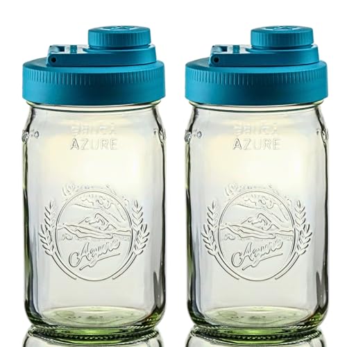 Brewing America Glass Mason Jar Pitcher with Lid, 1 Quart (32 oz) with Teal Wide Mouth Pour Lid, for Smoothie, Boba Cup, Sun Tea, Cold Coffee Glass Tumbler, 2-Pack