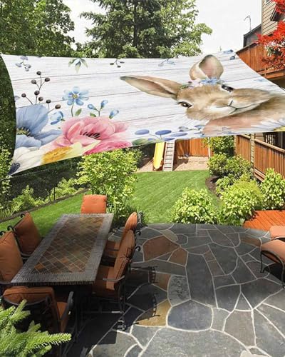 Boanket Sun Shade Sail 12' x 16', Easter Sun Blocking Shades Privacy Outdoor Covering, Spring Floral Botanical Bunny Farmhouse Vintage Shade Cloth for Patio Deck Terrace Garden Lawns Beach Backyard