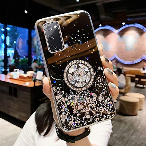 Funda de silicona compatible con Samsung Galaxy S20 FE 5G con purpurina brillante y estrella transparente, funda protectora ultrafina de TPU suave con soporte de anillo, color negro
