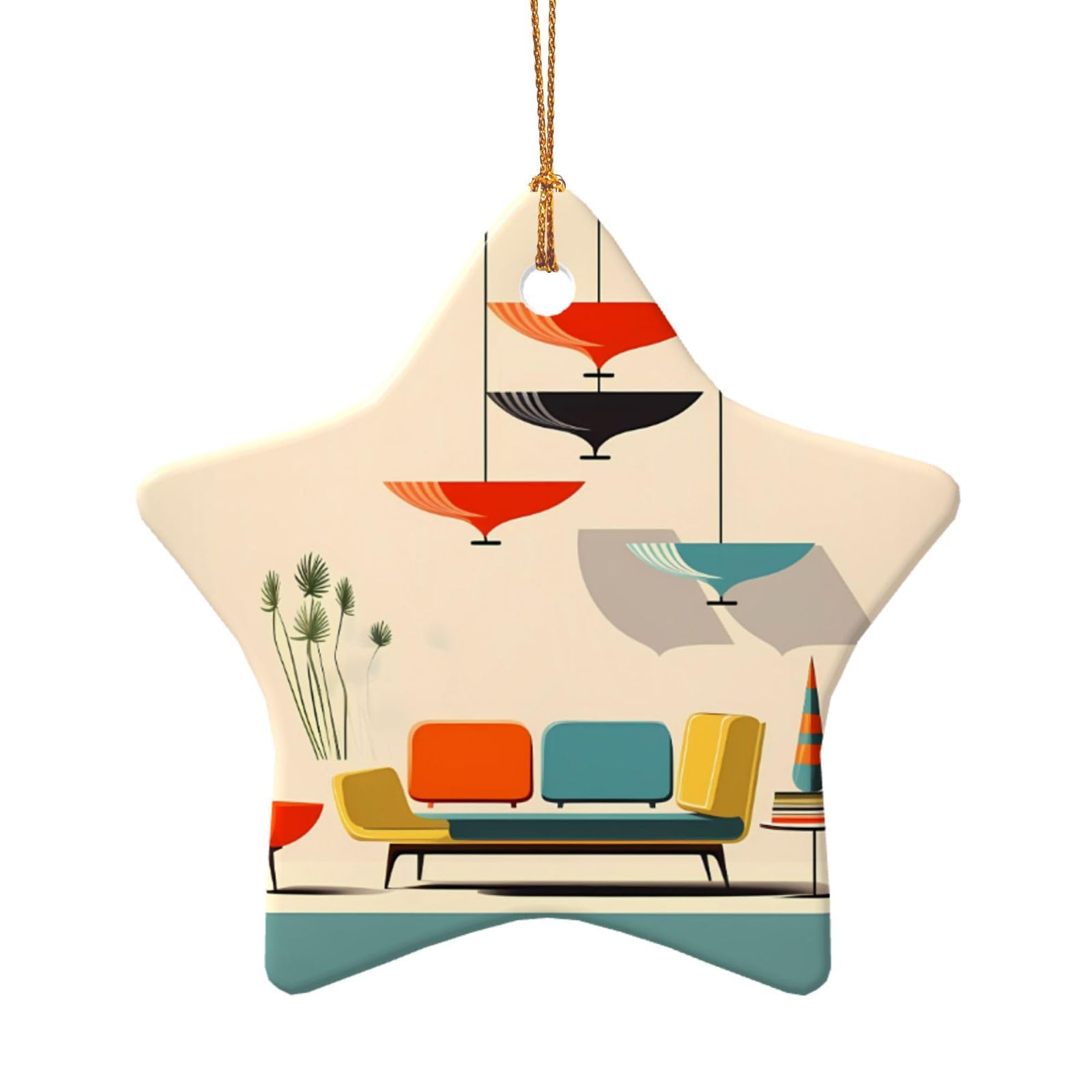 Kfrxxzqb Star Shape Mid Century Modern Prints -Print Ceramic D Pendants - Handmade Porcelain Ornaments Gold String For Christmas Home Decor.