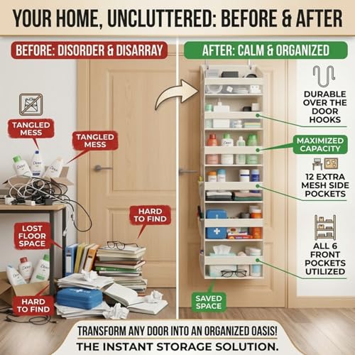 Image of HOMELUX THEORY UPGRADED 6 Tiers Over The Door Organizer Hanging - 100D EXTRA THICK & 50lbs HUGE CAPACITY, 12 Side Mesh Pockets Over The Door Shoe Organizer, Hanging Closet Organizer (Ivory, 1pc)