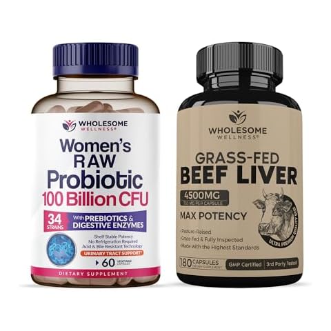 Wholesome Wellness Probiotics for Women 100 Billion CFUs with Prebiotics, Digestive Enzymes + Grass Fed Desiccated Beef Liver Capsules Bundle Cover