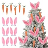 Sozize 12Pcs Easter Tree Decorations Bunny Ears and Carrots Set - Clip-on Fluffy Pink White Rabbit Ears with Hanging Carrots Ornaments for Easter Spring Party Home Decor