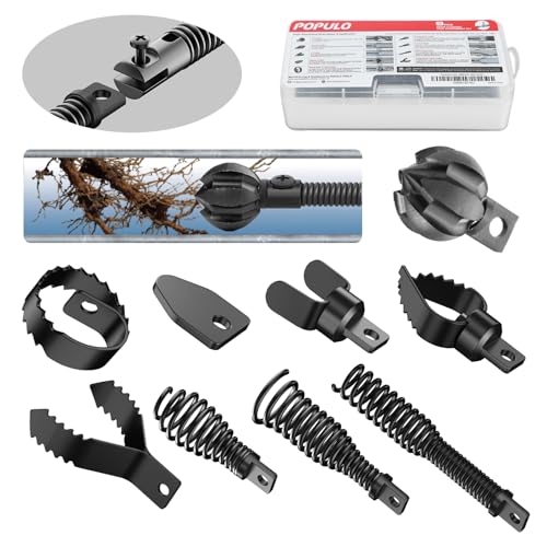 POPULO 9-in-1 Ultimate Professional Drain Snake Attachment Set: Large 6-Blade Root Cutter and 8-Piece Drill Auger attachment, for 1.5-4 Inch Pipes, Annihilates Tree Roots & Tough Clogs​​