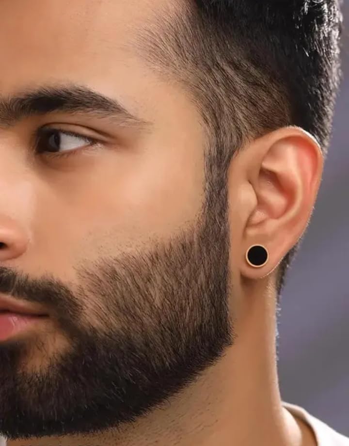 Gold Toned Black Geometric Stud Earrings for Men and Boys-image-37