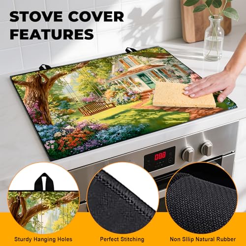 Image of Happy Easter Stove Top Cover Flower Eggs Cute Rabbit Gas Stove Top Cover for Home Decoration Kitchen St. Patrick Day Pad Non-Stick Washable Cooktop Covers Countertop Protector (house, 28 inch x 20 inch)