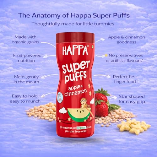 Image of Happa Organic Baby Puffs | Apple Cinnamom Flavour | Made with Organic Ingredients | Melt-in-the-Mouth, Supports Self-Feeding & Baby-Led Weaning | No Artificial Flavours or Colours | Stage 2 (8 Months+) | Pack of 1 (40g Pack)