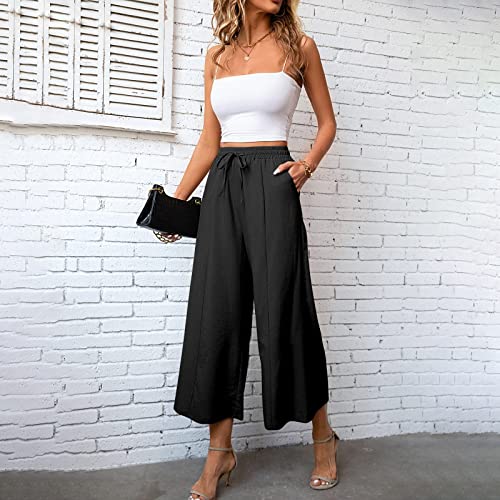 YOLAI Women Linen Palazzo Pants Wide Leg Drawstring Casual Trousers Loose Crop Elastic Waist Beach Pants with Pockets (Black, XXL)2