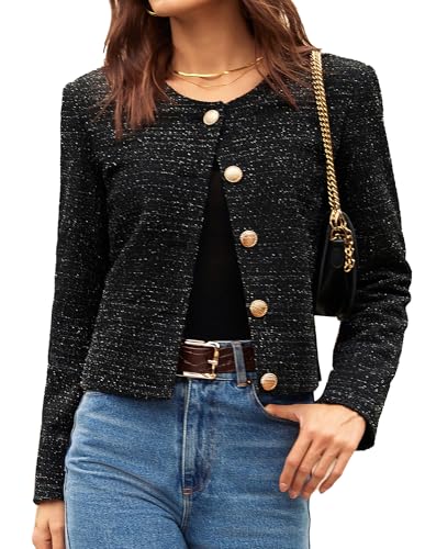 GRACE KARIN Tweed Jacket Women 2024 Fall Tweed Suit Jackets Cropped Button Down Long Sleeve Business Casual Blazer Black XL
