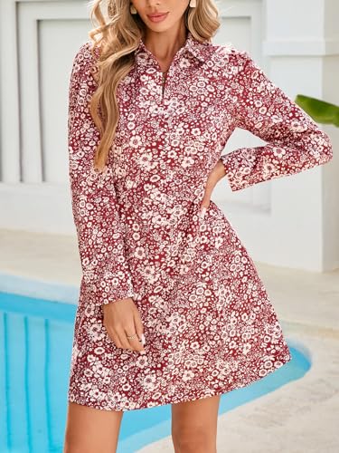 Image of EZAPINE Women Spring Dress 2026 Womens Summer Mini Dresses Floral Puff Sleeve Zipper A line Dress for Women with Pockets