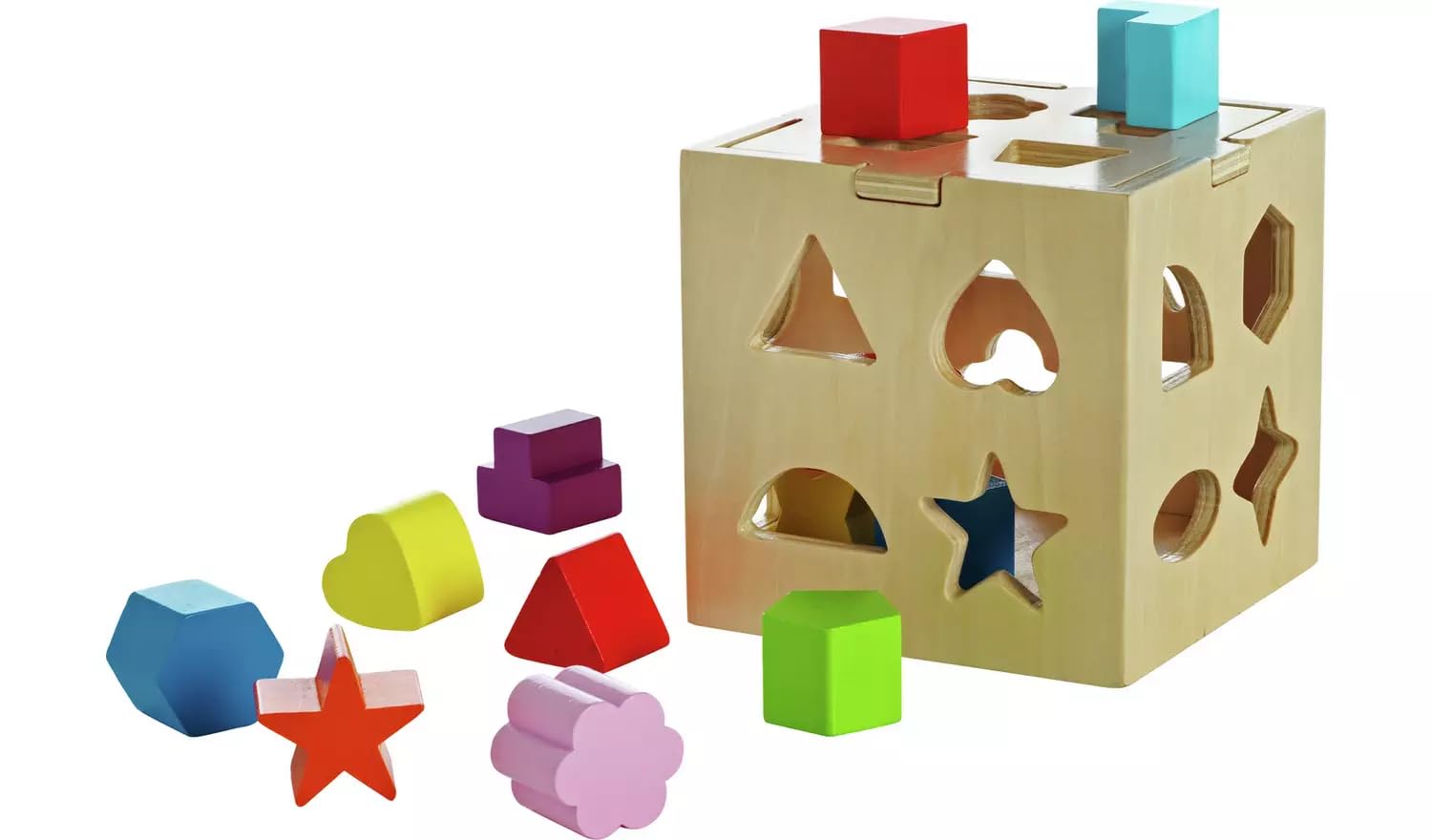 Chad Valley PlaySmart Wooden Shape Sorter * The set includes the wood box and 20 coloured, wooden pieces *