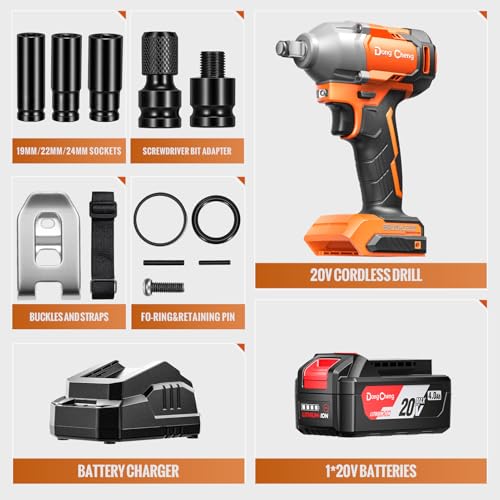 Image of Dong Cheng 20V Brushless Cordless Impact Wrench Kit, 380W Motor, 300N.m Max Torque, 2 Working Modea (210 /300N.m), 4000mAh Battery + Fast Charger, Auto Stop Reverse, LED Work Light