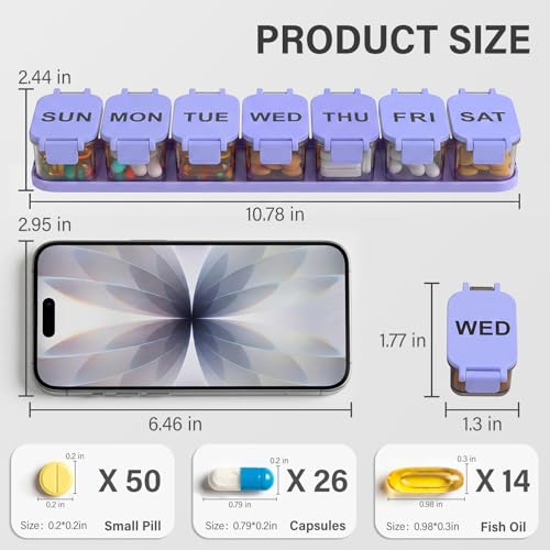 Image of Yaklim Extra Large Weekly Pill Organizer - Waterproof 7-Day Pill Box, Portable Vitamin & Supplement Case, Easy to Open Design, Ideal for Travel and Daily Medication Management (BlackPurple)