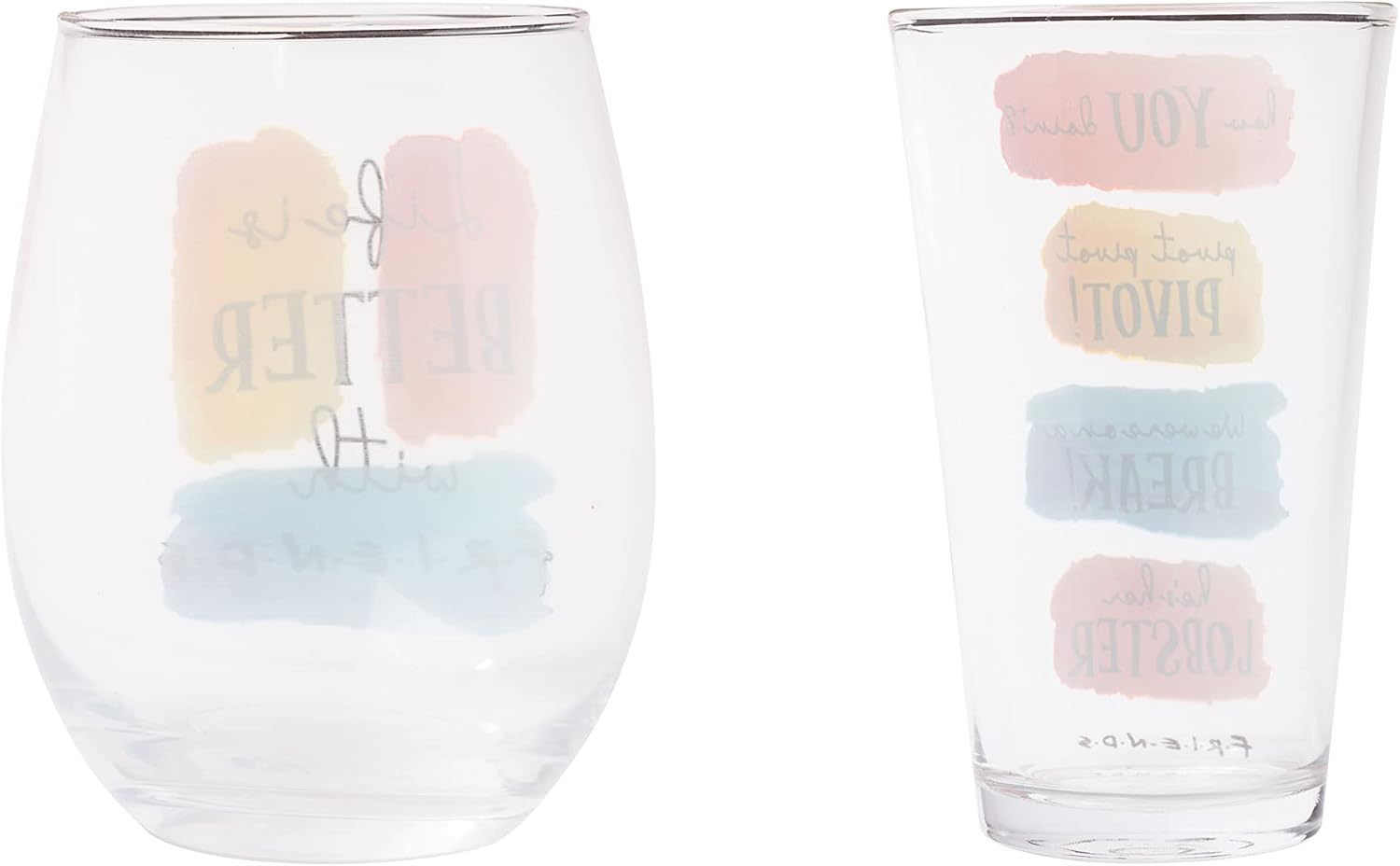 Silver Buffalo FRIENDS Brushstroke Quotes 2pc 16oz Pint and 20oz Stemless Glass Set image 2