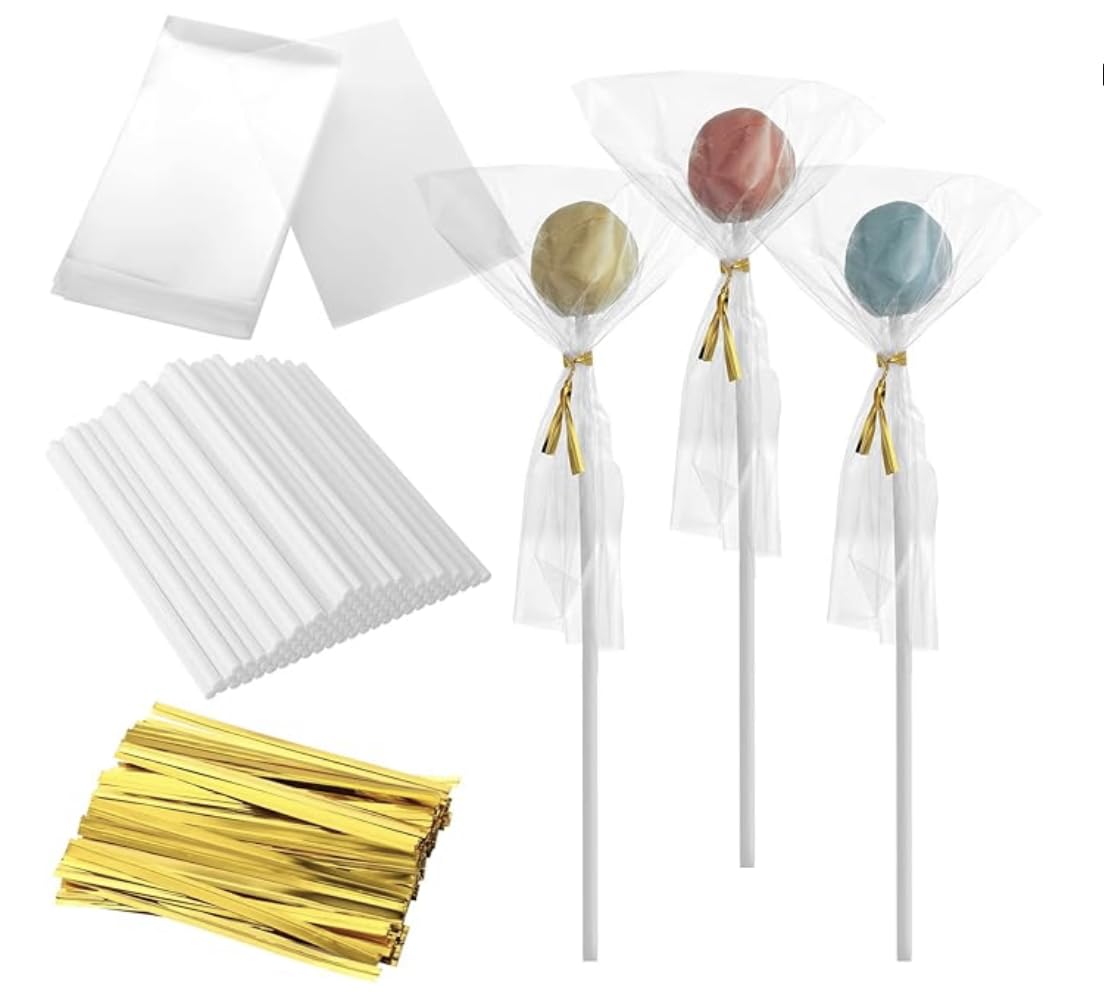 300pcs Lollipop Tool Set Includes 100pcs Cake Pop Sticks, 100pcs 6" x 3" Cake Pop Bags and 100pcs Gold Twist Ties (for Party Cake pop Wrapping)