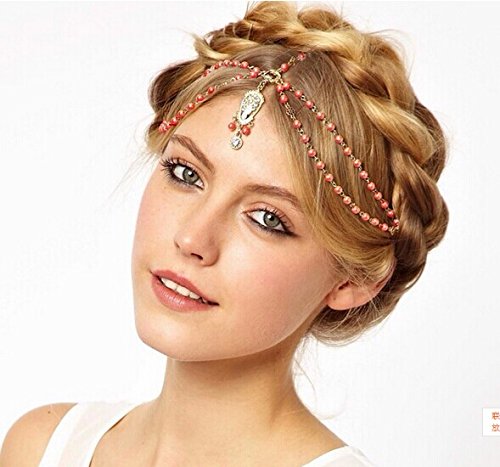 MAXFASHION Fashion Elegant Head Band Gold Tone Jewelry Headpiece Chain Hairband BOHO Charm Band Hair beads chain head band (Orange)