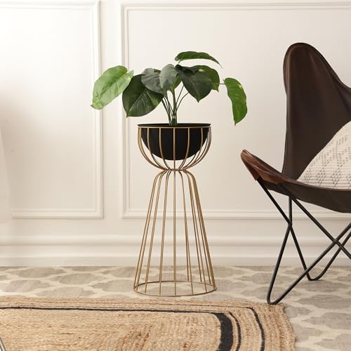 Image of Decor de Maison Handcrafted Twin Medium Bloom Floor planters|Modern Planters |Decorative Metal Planters for Lawn /Garden /Balcony / |Luxury Planter for Living Room /Office /Home (Black Bowl, Large)