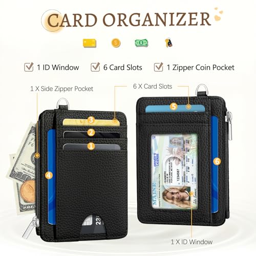 Image of Kelvoris Black Slim Wallet Women Credit Card Holder, Small RFID Wristlet | Keychain, Zipper Coin Pocket, Front Pocket Thin Travel Card Case, Minimalist, 6 Card Slots, 1 ID Window, Ladies Gifts Woman