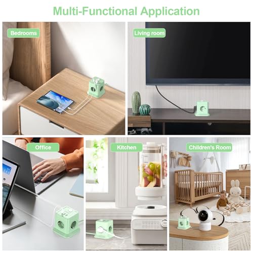 FDTEK Zielona kostka z 1 USB-C i 2 USB-A, listwa zasilająca 7 w 1 z 4 gniazdami (2500 W/10 A), Cube, z przełącznikiem, przenośna ładowarka z kablem o długości 1,8 m, do biura, domu
