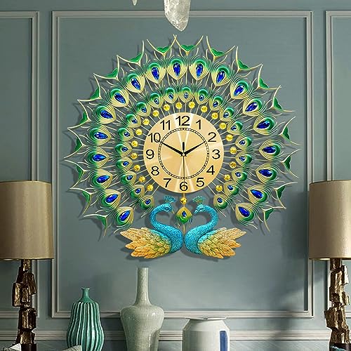 Image of Large Peacock Wall Clock 27.6 inch Non-Ticking Silent Crystal Creative Personality Modern Art Decorative Wall Clocks for Living Room Decor