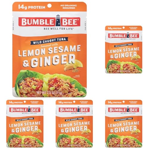 Bumble Bee Lemon Sesame &amp; Ginger Seasoned Tuna, 2.5 oz Pouch - Ready to Eat - Wild Caught Tuna Pouch - 14g Protein per Serving - No Draining Required (Pack of 5)