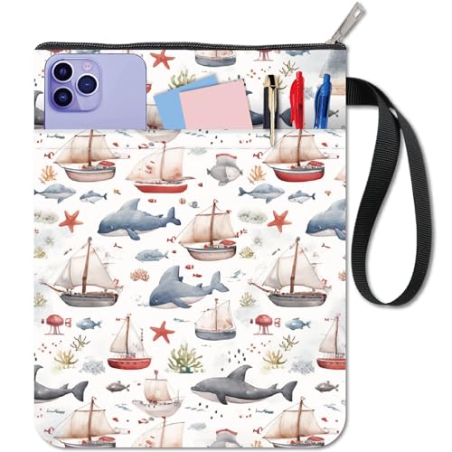 CRASPIRE Sailboat Book Sleeve Marine Animals Book Protector Whales Book Covers for Paperbacks Washable Fabric Cloth Book Cover with Zipper and Extra Sleeve Pocket for Book Lovers Classmate Gifts