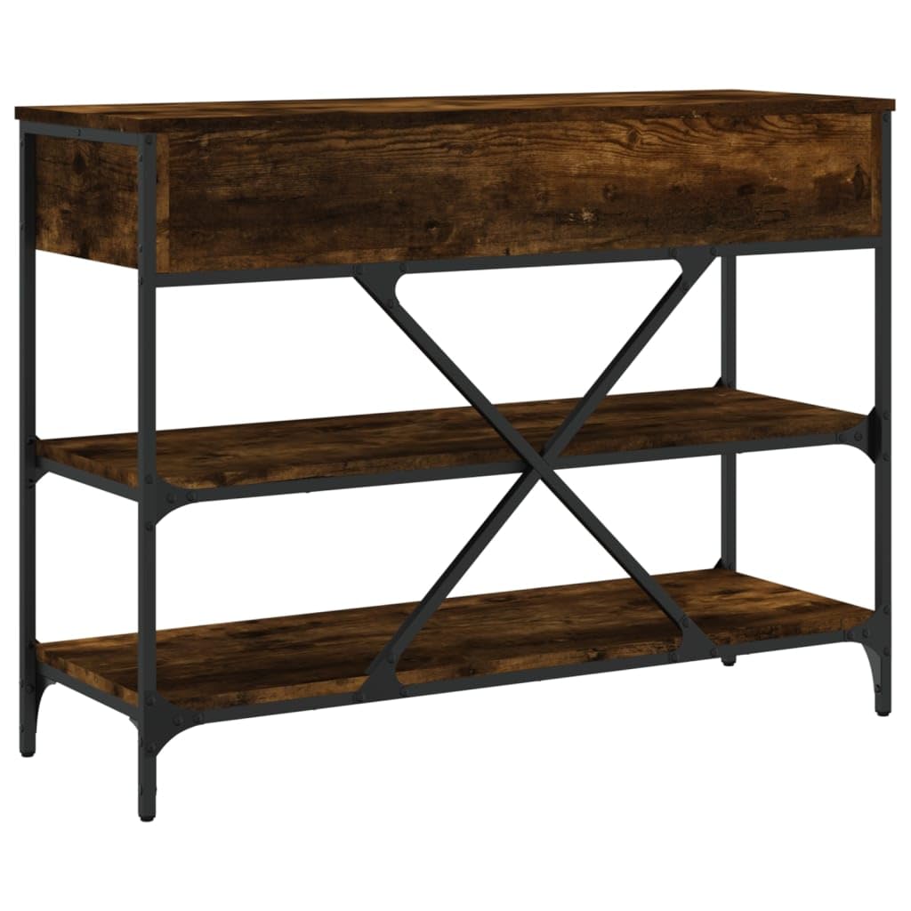 Mesa consola clásica de madera con estructura de acero, 2 cajones y estantes para almacenamiento, mesa auxiliar para salón y pasillo