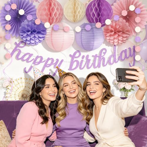 Image of Pink Purple Birthday Decorations for Women Girls, Pre-Strung, 24pcs | Happy Birthday Banner, Honeycomb Balls, Paper Flowers, Lanterns, Streamers, Dots Garland for Happy Birthday Party Decorations