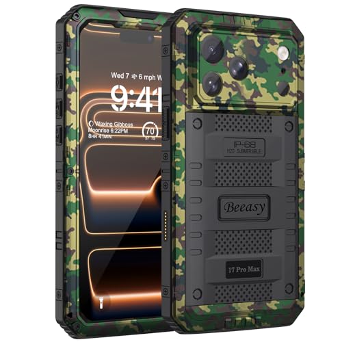 Beeasy Funda para iPhone 17 Pro MAX Impermeable IP68 360°, Carcasa Metálica Armor Militar Antigolpes, Protección Irrompible Resistente Antipolvo Sumergible Acuatica Estanca Waterproof Case, Camouflage