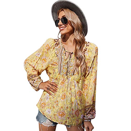 OrientalPort Tunic Blouses Women's V-Neck Long Sleeve Casual Top Boho Floral Print Shirts Loose Summer Shirt Blouse Tops Gelb S Cover