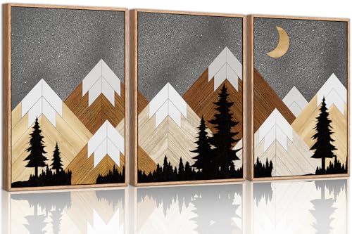 Image of CHDITB Mountain Framed Canvas Wall Art Set, Country Wood Style Wall Decor, Rustic Farmhouse Wall Painting, Forest Nature Art Print for Living Room, Bedroom, Dinning Room, Office - Large Size 16"x24"x3
