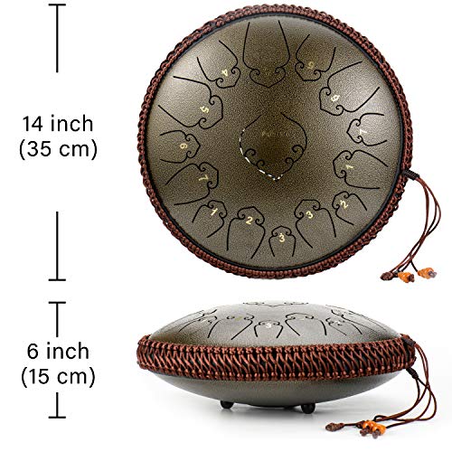 14 Inch 15 Note Steel Tongue Drum Percussion Instrument Lotus Hand Pan Drum with Ultra Wide Range and Drum Mallets Carry Bag
