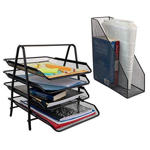 Homeries Office Desk Organizer Set (6 Pieces) - Includes 4-Tier Document Holder, Magazine Holder, Pen & Pencil Holder, Paper Clip Holder, Post-It Note Holder, Business Card Holder – Mesh Wire Design