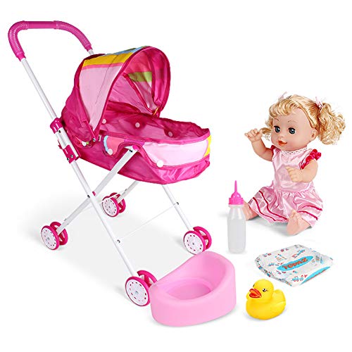 Niñas, Toy carriola de bebé, 4 piezas, juego de regalo plegable con estampado de dibujos animados, carriola de bebé con regalo para muñecas, carriola de bebé (coche...