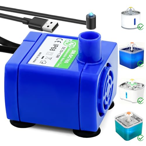 Cat Water Fountain Pump Pet Water Fountain Pump Replacement Compatible Motor DR-DC 160 Submersible Water Pump with LED Light for Round Cubic Flower Cap Stainless Steel Cat Fountain