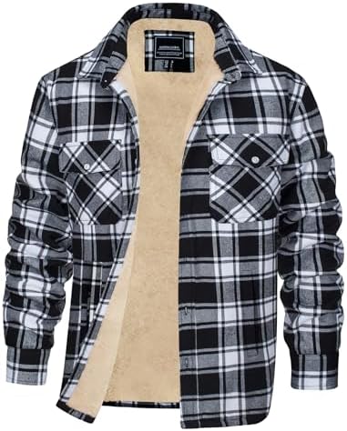 EKLENTSON Men's Flannel Shirt Jacket Thick Fleece Lined Jackets Plaid Sherpa Jacket Cotton Winter Jackets With 5 Pockets