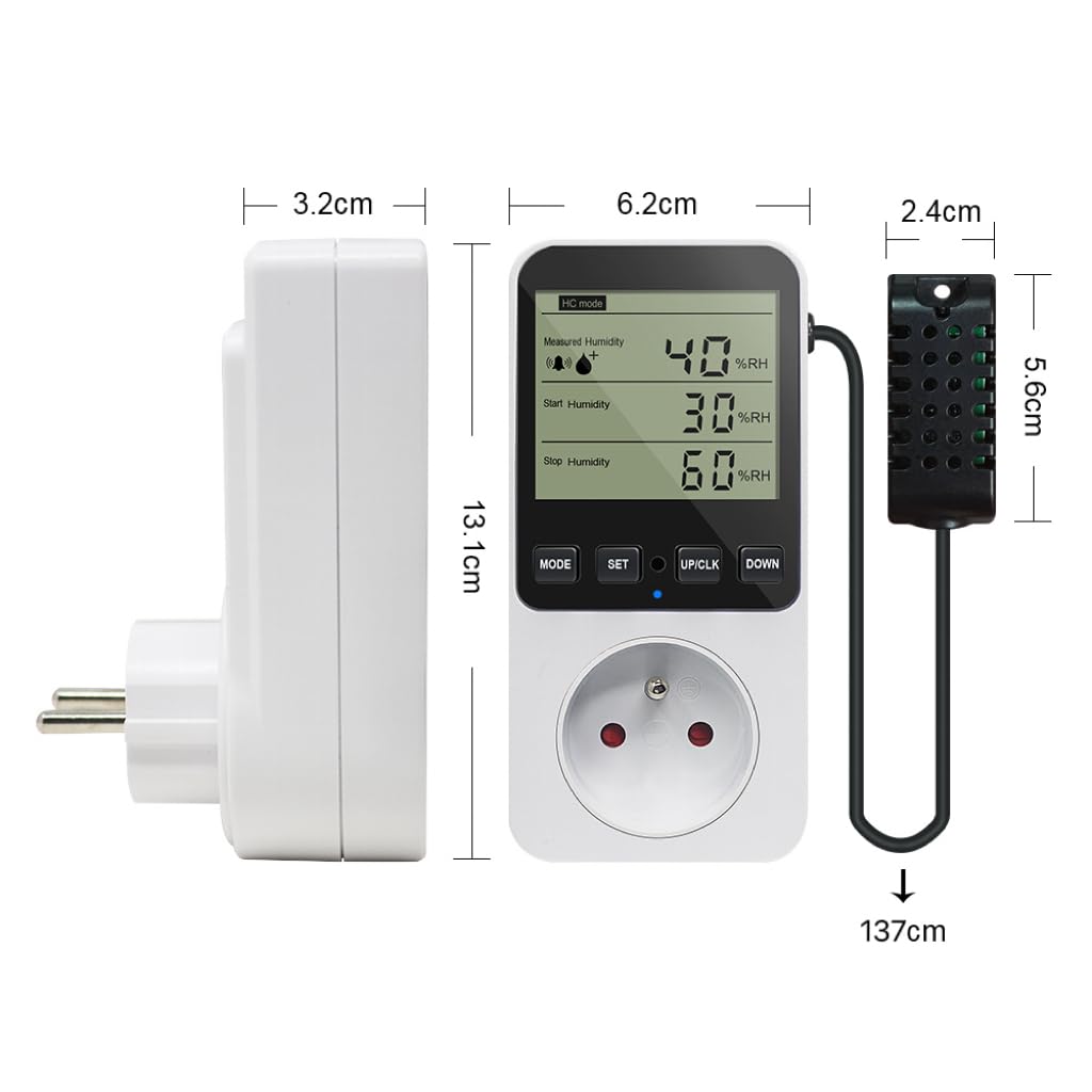 KETOTEK Digital Contrôleur Humidité/Température, Prise Hygrostat avec Sonde, Regulateur D'humidité 230V avec Alarme pour Incubateur Serre Humidificateur Déshumidificateur