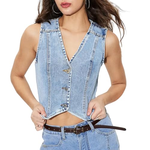Women Sleeveless Denim Vest V Neck Button Down Crop Jean Waistcoat Summer Going Out Tops Vests Casual Streetwear