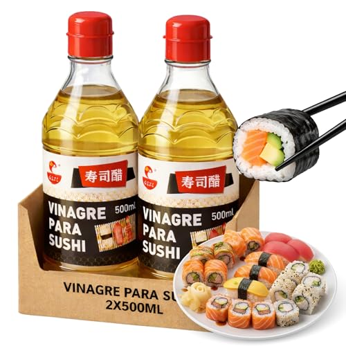 Vinagre de arroz para sushi Suzuka, ofrece un equilibrio de acidez, dulzura y salinidad, condimento esencial para realzar el sabor y la textura del arroz, Contiene 2 botes de 500 ml