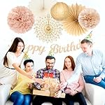 Champagne-Gold Beige Fall Boho Birthday Party-Decorations - 21pcs Autumn Neutral Retro Happy Banner,Girl One Sweet Peach Paper Streamers Lanterns,Tissue Pom Poms Fan,Rustic Backdrop Decor Huglony - Image 5