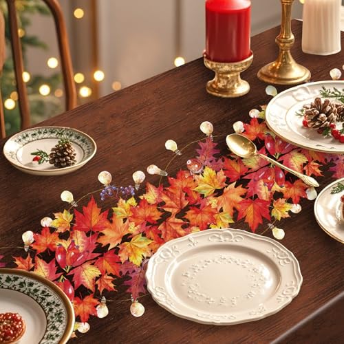 Image of Gistome 3 Pack 54 x 108 Inch Fall Maple Leaves Plastic Tablecloth - Rustic Thanksgiving Disposable Table Cover with Autumn Leaves and String Lights for Fall Harvest, Friendsgiving, and Seasonal Decor