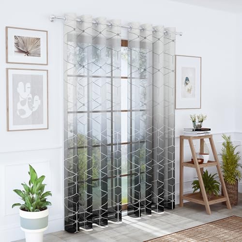 Image of Story@Home Door Curtains 7 Feet Long Set of 2 | Geometric Printed | Semi Transparent Curtain | Net Curtains | Sheer Curtain for Living Room | (118 X 215 Cm, Black & Grey) | Perfect for Home Decor