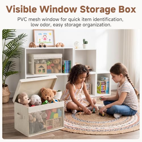 Image of StorageWorks Fabric Storage Bins with Lids, Large Closet Storage Bins | Flip-Top Lid, Clear Window, Handles, Collapsible, for Clothes Blankets Books, Closet Box, Beige, 2-Pack