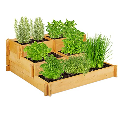 Relaxdays Huerto Urbano 3 Pisos, Madera, Jardinera en Escalera para Balcón, Jardín, Macetero 37x93x93 cm, Marrón Natural