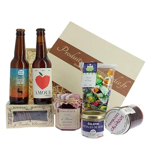 Produits Normandie - Panier garni "Béguin Normand" - Comprend 7 produits gourmands : cidre, bière, rillettes de poisson, chocolats, bonbons, confiture, fruits macérés - Spécial Saint-Valentin Cover