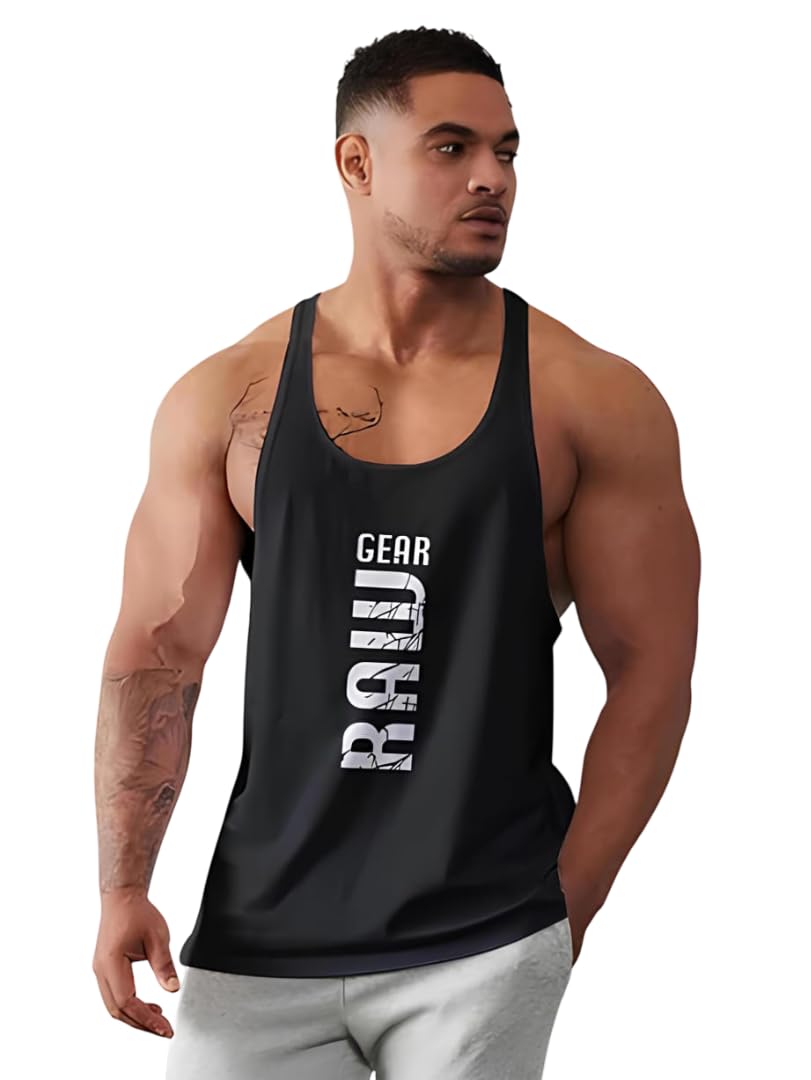 Men's Sleeveless Regular Fit Printed Vest for Men, Cotton Sando for Beach Wear, Gym, Cycling, Running, & Other Sports (in, Alpha, M, Raw Gear Black)-picture-42