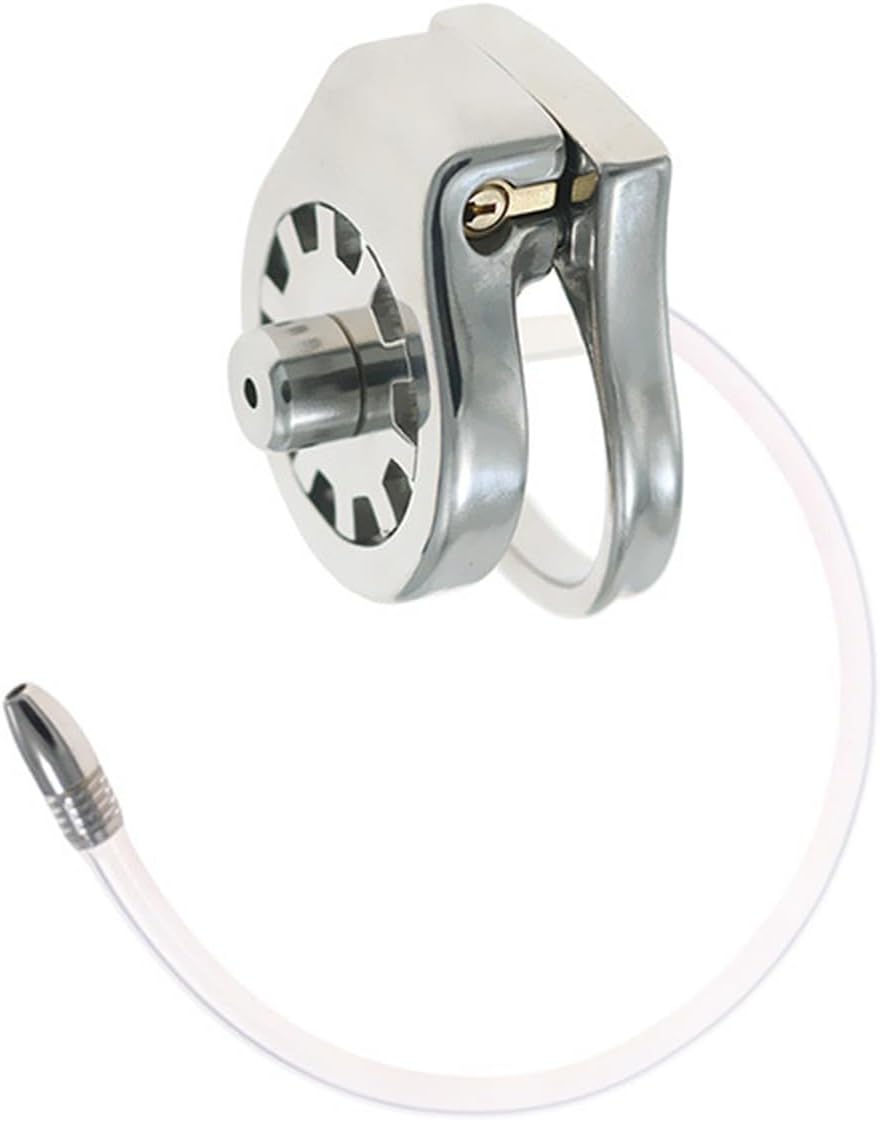 Stainless Steel Heavy Duty Flat Chastity Lock with Extra Long Catheter Hollow Silicone Catheter Thickened Chastity Device Penis Lock for Beginner Prevent Erection Invisible Lock and Key