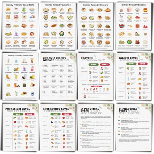 Sinload 12 Pcs Kidney Friendly Food List Poster Kidney Diet Chart Guide for Healthy Diet Kitchen