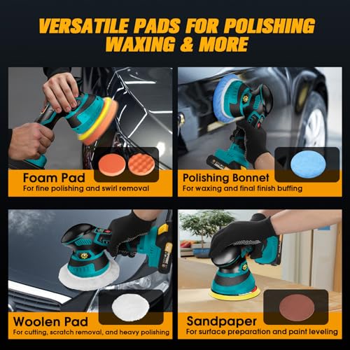 Image of Cordless Car Buffer Polisher kit [2x 2000mAh 21V Batteries & 18 PCS Attachments] 6-Speed Orbital Design, LED Display, Lightweight Detailing Tool for Waxing, Polishing & Scratch Removal-Blue